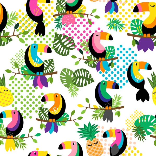 Seamless Tileable Tropical Vector Pattern Flamingos Toucans Cacti Tropical Leaves — Stock Vector