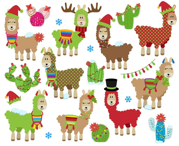 Coleção Vetor Natal Bonito Férias Inverno Llamas Temáticas — Vetor de Stock