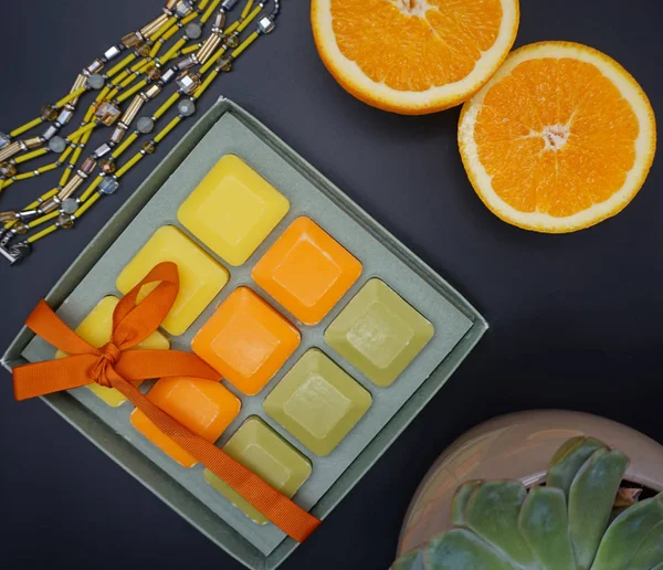 orange mood, beauty and jewelry, soap and oranges. Flat lay, top view - Image