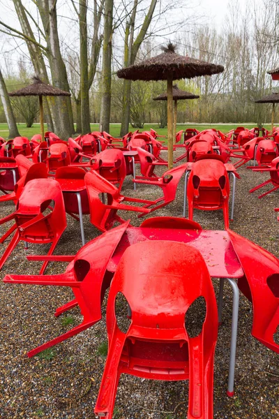 Terrace Empty Public Park Kiosk Rainy Day Tables Chairs Set — Stock Photo, Image