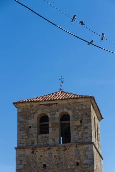 Swallows Power Lines Bottom Tower Church Steeple Stone — Stock Photo, Image