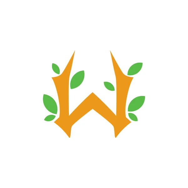 Ветвь буквы w и лист простой геометрический вектор логотипа — стоковый вектор