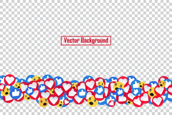 Social nets blue thumb up like, emoji and red heart floating web buttons isolated on transparent background. Like, emoji and heart icons for live stream video chat likes falling background — Stock Vector