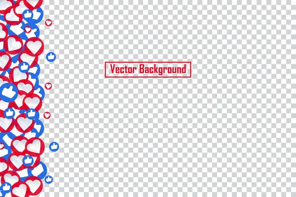 Redes sociales azul pulgar hacia arriba como y corazón rojo flotante botones web aislados sobre fondo transparente. Al igual que y los iconos del corazón para el chat de vídeo en vivo le gusta caer plantilla de diseño de vector de fondo . — Vector de stock