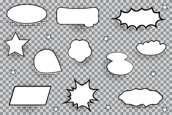 Conjunto de burbujas cómicas vacías y elementos engastados con sombras negras de medio tono. Ilustración vectorial. Diseño vintage. Estilo de arte pop — Vector de stock