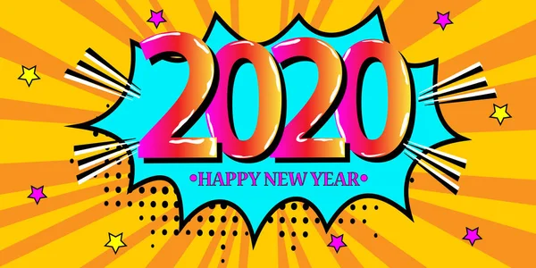 2020 Nyår Comic tal bubbla i retro. Pop konst stil på sunburst bakgrund. Vektor illustration för banner, gratulationskort, flygblad, inbjudan, affischer, broschyr, kalendrar — Stock vektor