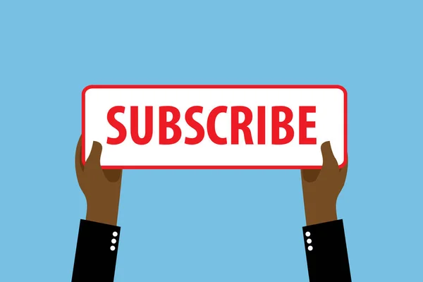 Sosyal medya web düğmesi, element kanalı, video içeriği. Blog yazıyorum. Üzerinde abone yazan bir tabelayı tutan eller. Arkaplan aboneliği. Sosyal medya konsepti. Vektör çizimi. EPS 10