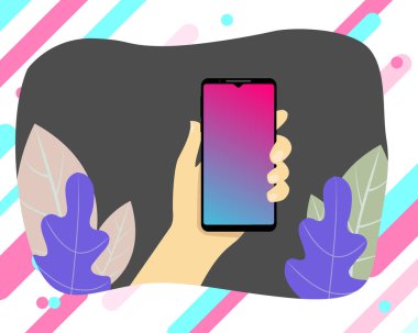 El ele tutuşmalar. Akıllı telefon ekranında popüler bir sosyal ağ. Havalı videolar izleyin. Sosyal medya bağımlılığı. Düz tasarımda vektör illüstrasyonu. EPS10