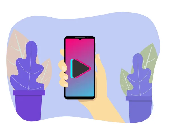 El ele tutuşmalar. Akıllı telefon ekranında popüler bir sosyal ağ. Havalı videolar izleyin. Sosyal medya bağımlılığı. Düz tasarımda vektör illüstrasyonu. EPS10