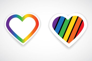 LGBT renginde kalpler. Beyaz arka planda izole edilmiş, gökkuşağı renginde kalbin vektör çizimi. Sevgililer gününde kartpostal gibi kullanılabilir. Lezbiyen gey biseksüel transseksüel aşk sembolü. 