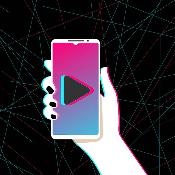 El ele tutuşmalar. Akıllı telefon ekranında popüler bir sosyal ağ. Havalı videolar izleyin. Sosyal medya bağımlılığı. Düz tasarımda vektör illüstrasyonu. EPS10