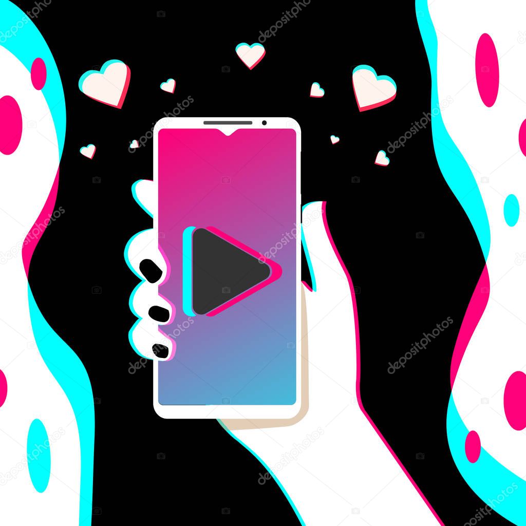 Hand holds phone. Popular social network on smartphone screen. Watch cool videos. Social media addiction. Vector illustration in flat design. EPS10
