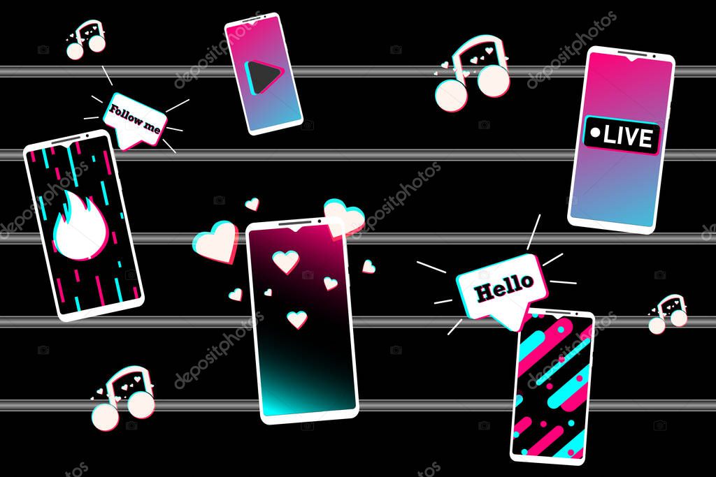 Concept with smartphones in the style of social networks. Mobile app template. Hello, Follow me, Hearts, Live - basic social network expressions. Vector illustration