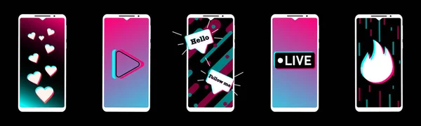 Akıllı telefonlu tasarım konsepti sosyal ağlar tarzında. Merhaba, beni takip edin, Hearts, Live - temel sosyal ağ ifadeleri. Mobil uygulama şablonu. Vektör illüstrasyonu