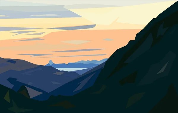 Paisaje Con Siluetas Montañas Bosques Atardecer Para Impresiones Carteles Papel — Vector de stock