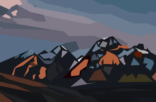 Paisaje Con Siluetas Montañas Nieve Atardecer Para Impresiones Carteles Papel — Vector de stock