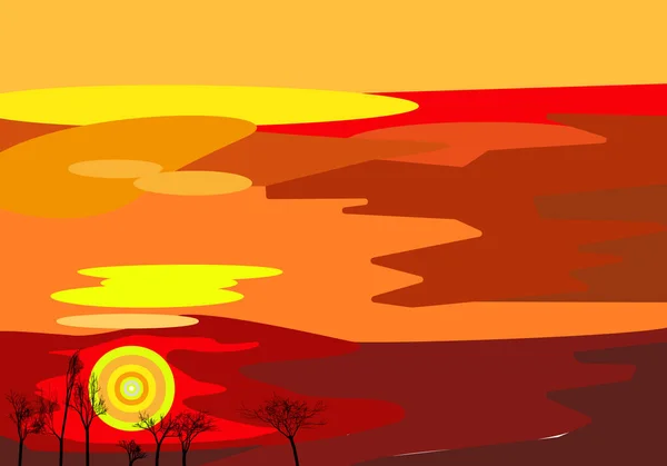 Landschap Met Silhouetten Van Bomen Bij Zonsondergang Savanne Heldere Oranje — Stockvector