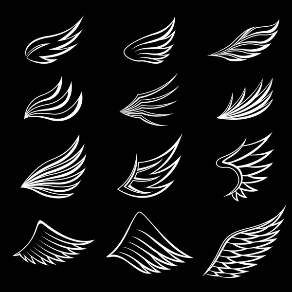 Satz Weißer Flügel Auf Schwarzem Hintergrund — Stockvektor