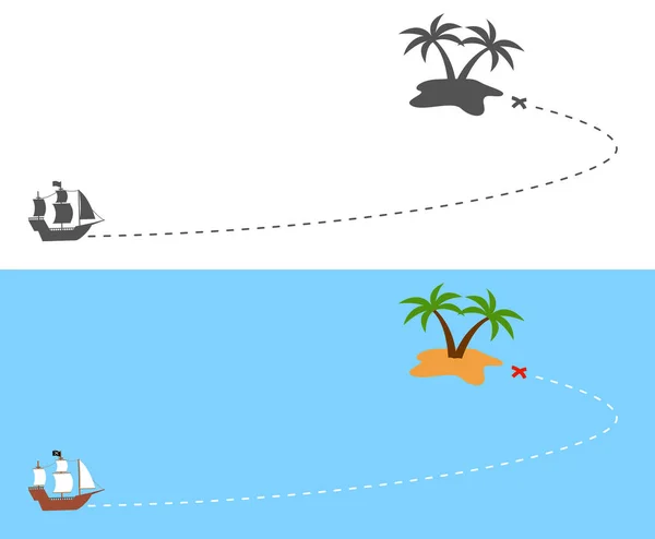 Barco Pirata Ruta Navegación Isla — Vector de stock