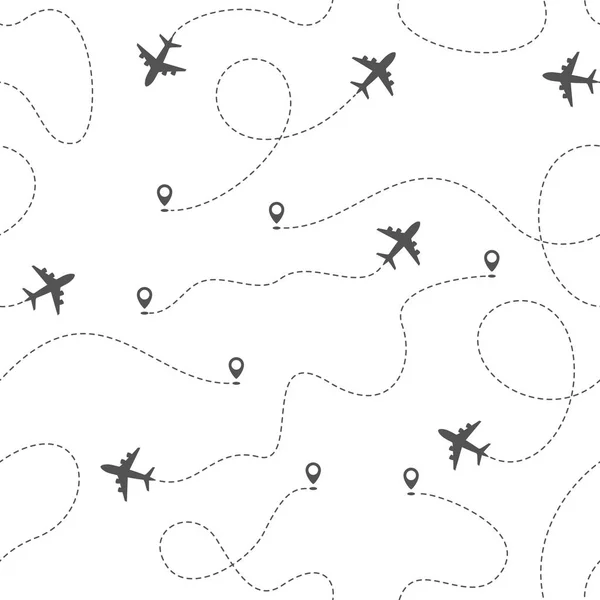 Routes d'avion avec ligne pointillée, motif sans couture sur fond blanc — Image vectorielle