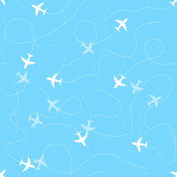Flugzeugrouten mit gestrichelter Linie, nahtloses Muster auf blauem Hintergrund — Stockvektor
