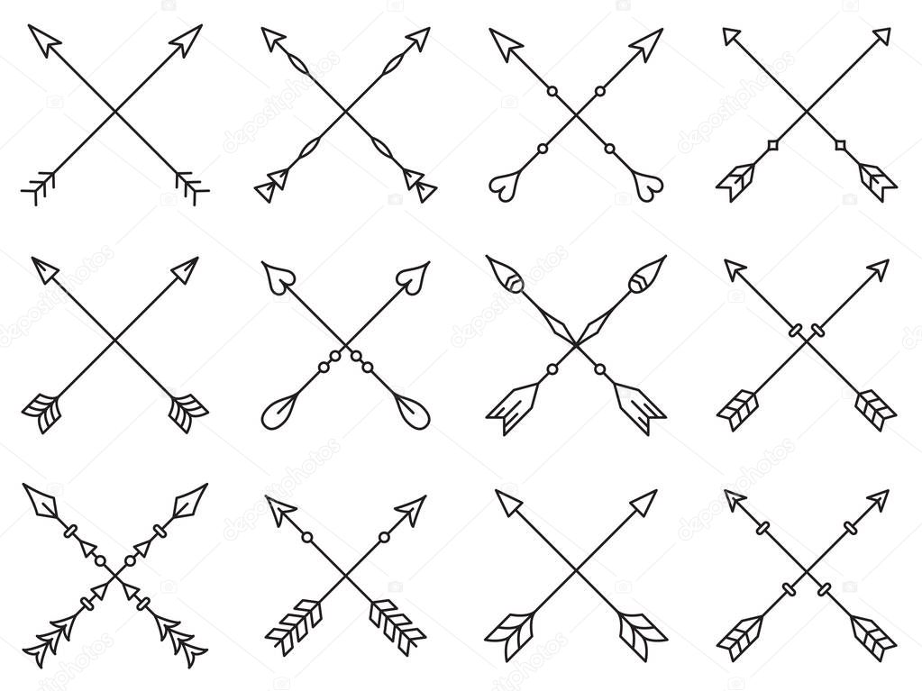 Set of crossed arrows on white background