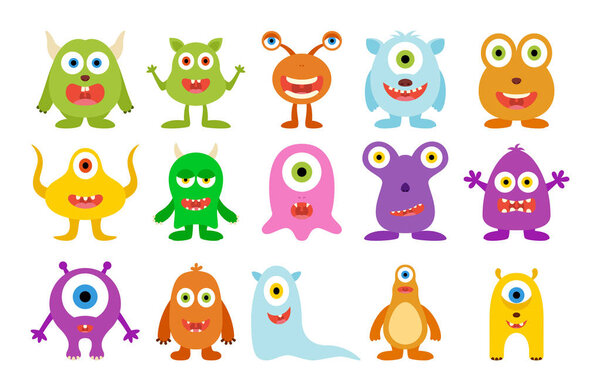Set of cute happy monster on white background