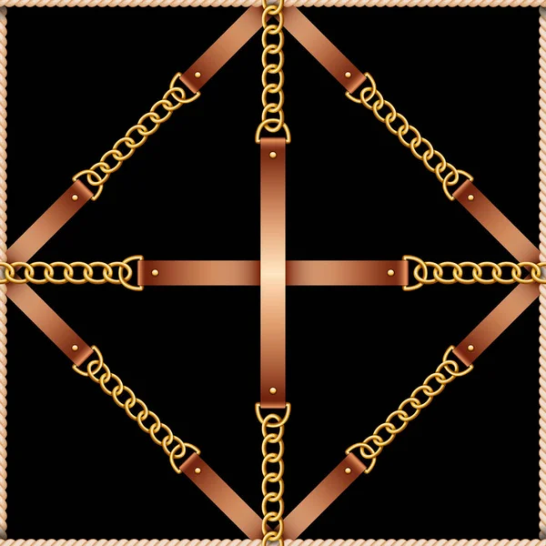 Бесшовный узор с ремнями, цепями и веревкой на черном фоне — стоковый вектор