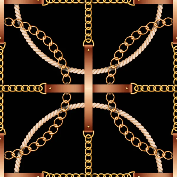 Nahtloses Muster mit Gürteln, Ketten und Seilen auf schwarzem Hintergrund — Stockvektor