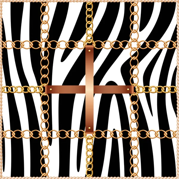 Nahtloses Muster mit Gürteln, Ketten und Seilen auf Hintergrund aus Zebrafell — Stockvektor
