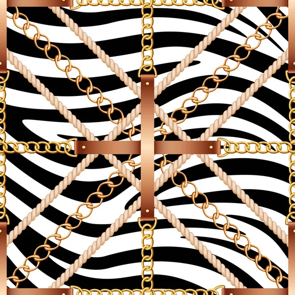 Seamless mönster med remmar, kedjor och rep på zebra hud bakgrund — Stock vektor