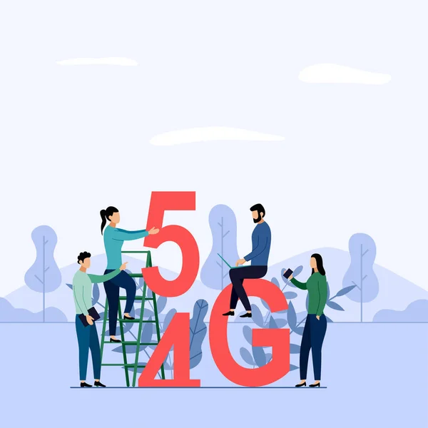 5g 네트워크 무선 시스템 와이파이 연결, 고속 모바일 인터넷. 현대 디지털 장치 사용, 비즈니스 개념 벡터 일러스트레이션 — 스톡 벡터