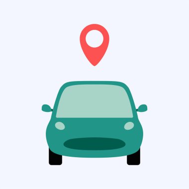 Mavi arka plan üzerinde izole araba düz tarzı ile Harita işaretçisi