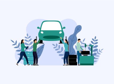 Araba servisi ve onarımı, araba tamiri işçileri, iş konsepti vektör illüstrasyon