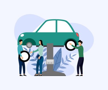 Araba servisi ve onarımı, araba tamiri işçileri, iş konsepti vektör illüstrasyon