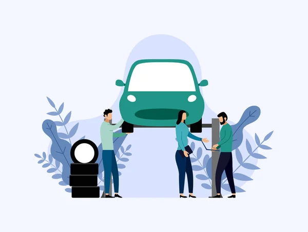 Servicio y reparación de automóviles, trabajadores que fijan el coche, ilustración del vector del concepto del negocio — Vector de stock