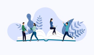 Kitap kütüphanesi veya kitap festivali afiş kavramı afiş, eğitim vektör illüstrasyon