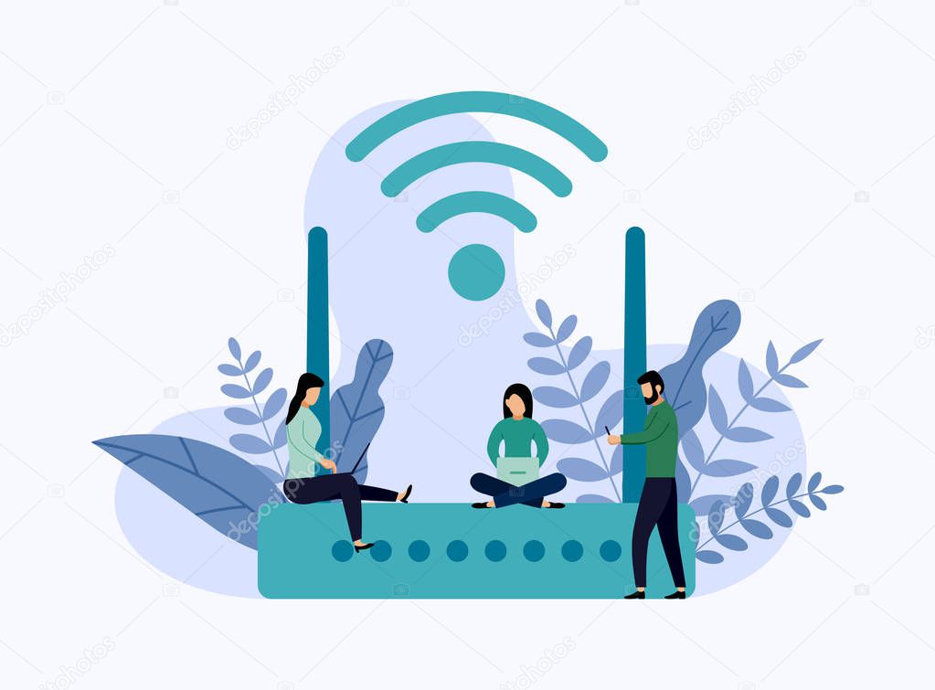 Wireless ethernet modem router with characters, business concept vector illustration