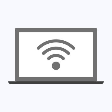 Beyaz arkaplanda dizüstü bilgisayarı olan Wifi teknoloji simgesi