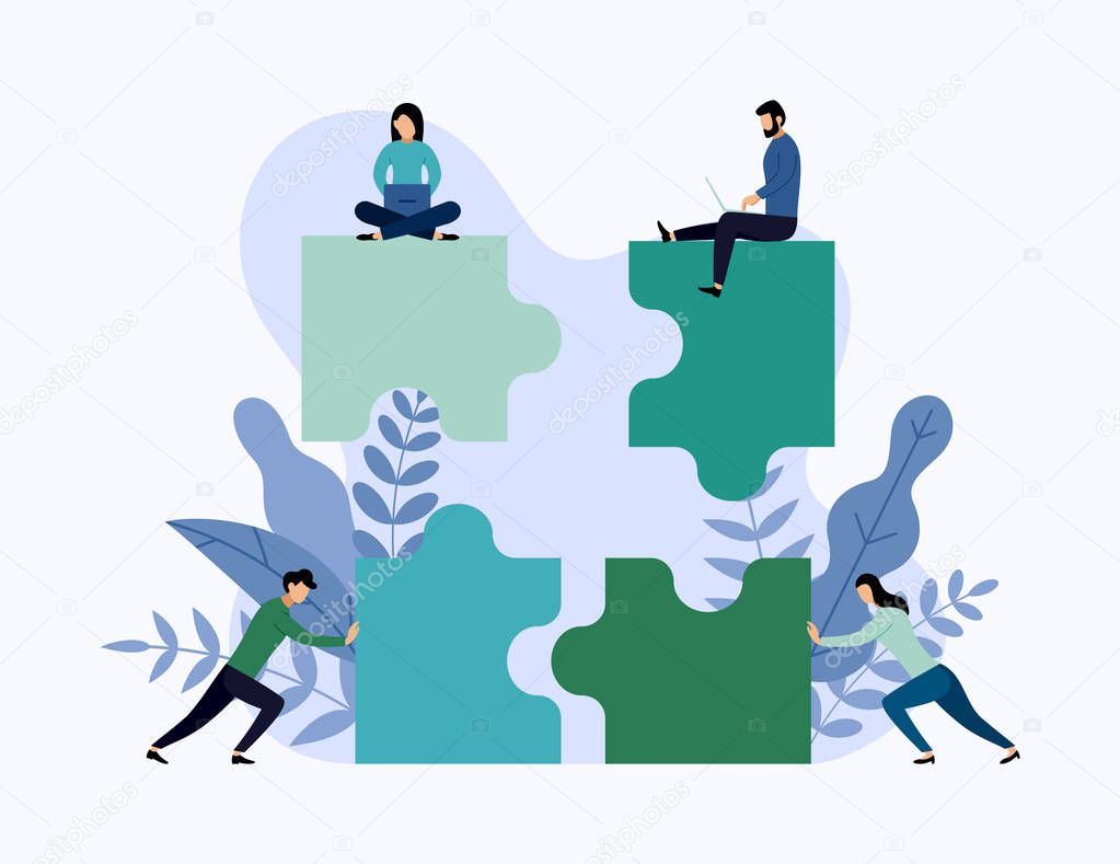 Team working, people connecting puzzle elements, business concept vector illustration
