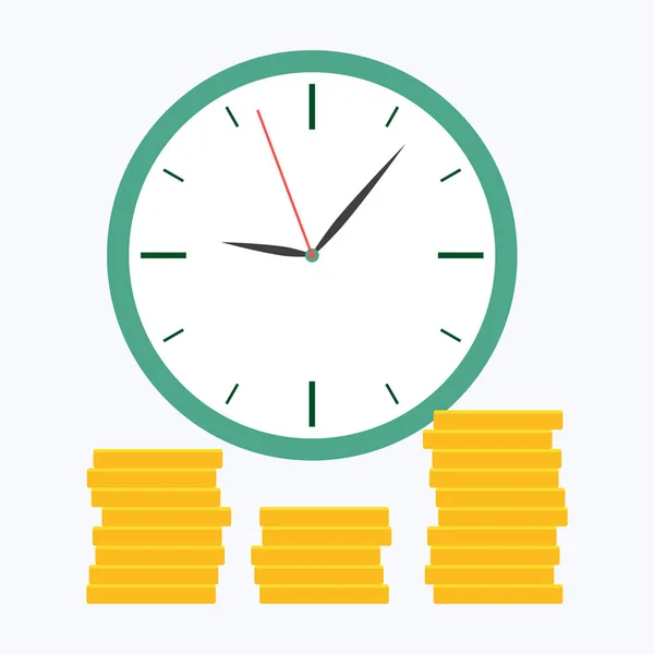 Relógio verde com estilo plano moeda isolada no fundo azul — Vetor de Stock
