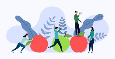 İnsan kavramları ile düz kırmızı ve yeşil elma, vektör illüstrasyon