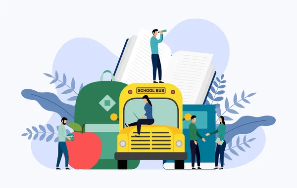 Iskolabusz, könyv, táska, alma és az emberi fogalmak, vektor illusztráció — Stock Vector