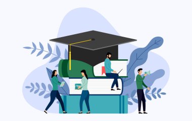 Mezuniyet kapağı ve insan kavramları ile kitap, eğitim vektör illüstrasyon