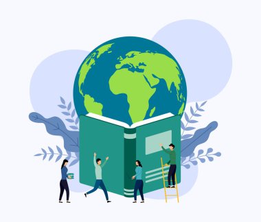 Dünya gezegeni kitabın üzerinde gezinir, vektör illüstrasyon