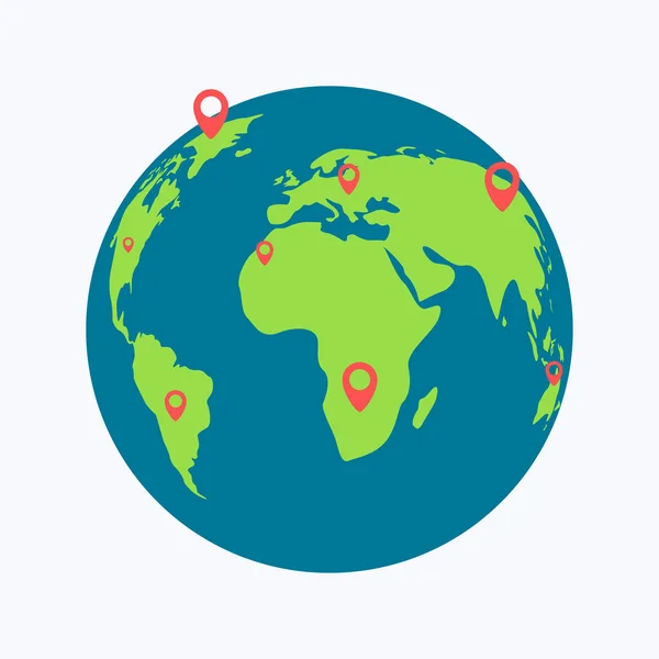 白い背景に赤い地図ピンを持つ惑星地球 — ストックベクタ