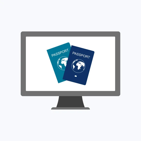 Pasaporte internacional con ordenador, ilustración vector concepto de negocio — Archivo Imágenes Vectoriales