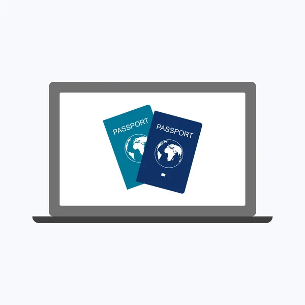 Passaporte internacional com laptop, conceito de negócio ilustração vetorial — Vetor de Stock