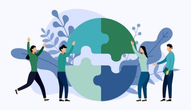 Takım çalışma, bulmaca unsurları bağlayan insanlar, iş kavramı vektör illüstrasyon