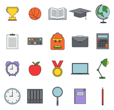 Beyaz arka planda okul ve eğitim simgesi seti